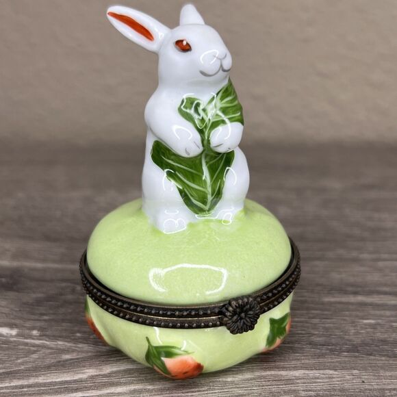 Porcelain Hinged Trinket Box White Bunny Rabbit Easter Strawberry Garden 3" - Picture 1 of 9